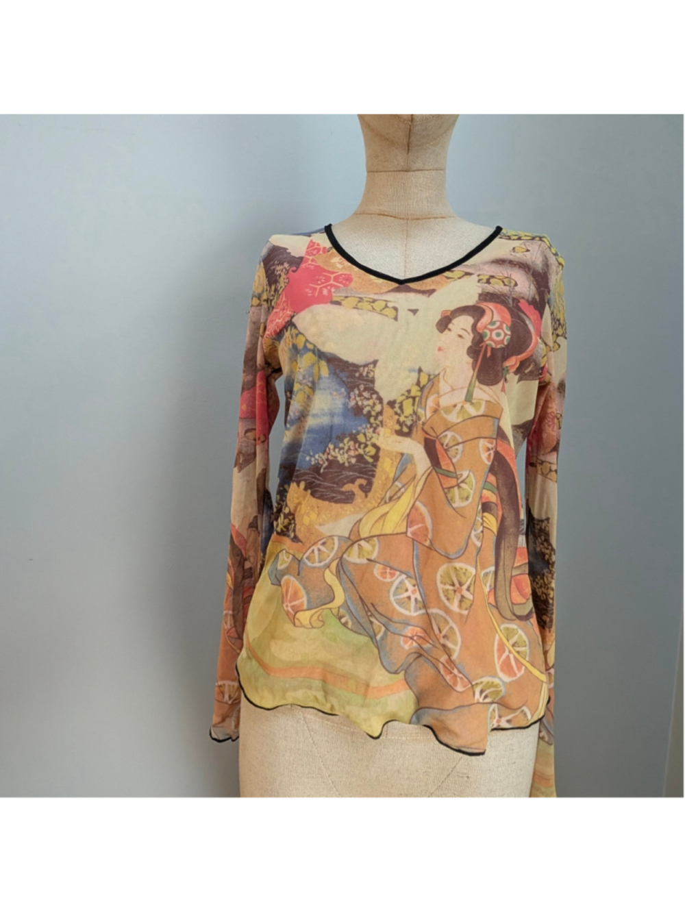 Clio Vintage Y2K Mesh Geisha Graphic Made in USA Sheer Tattoo Print Top - Medium - Picture 4 of 10